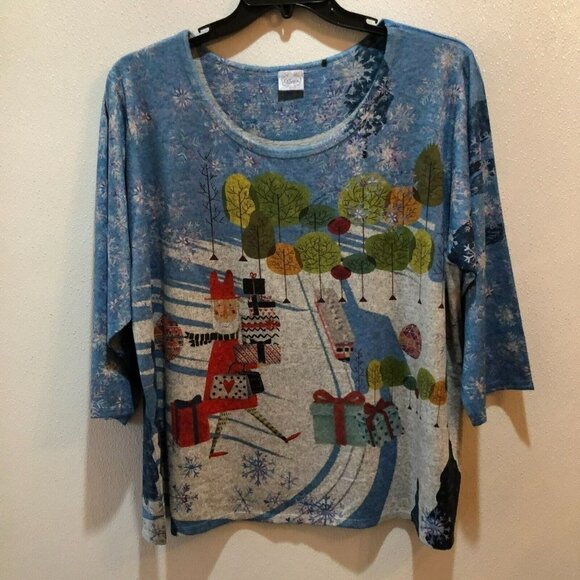 Et Lois Womens 2X Santa Claus Holiday Christmas 3/4 Sleeve Top T Shirt Tee USA - Picture 3 of 8